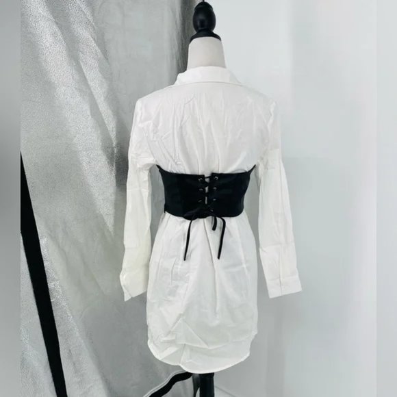 White Long Sleeve Mini Shirt Dress with Black Faux Leather Corset Belt - Picture 9 of 14